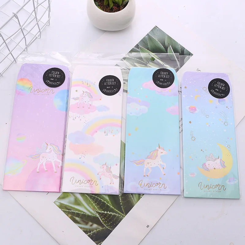 5 pcspack cartoon sky unicorn envelope letter paper message card