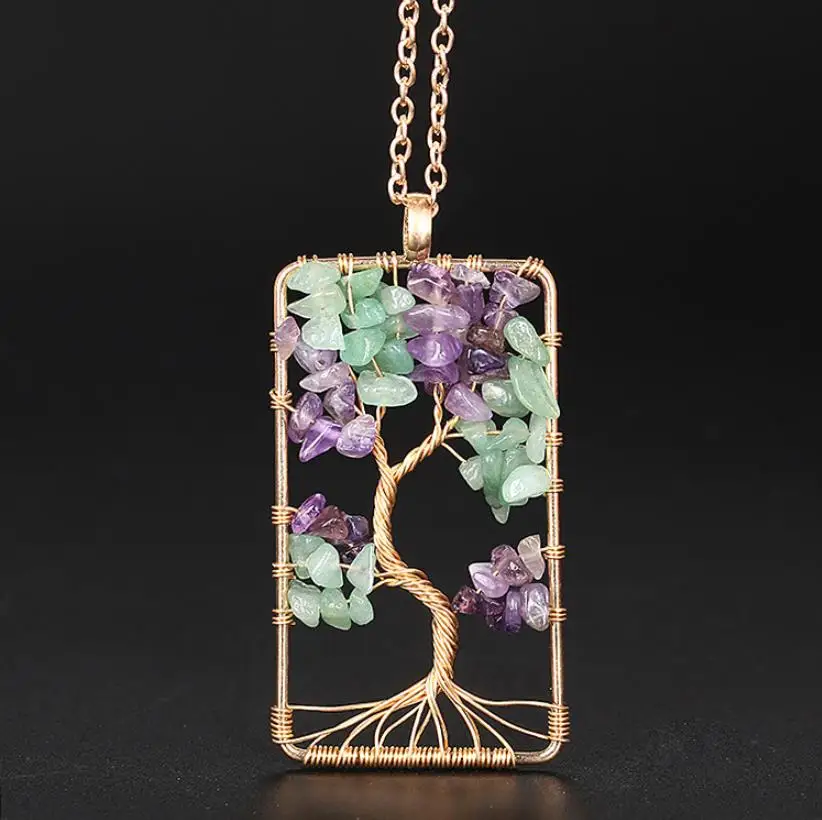 

NEW Wire Wrap Tree of Life Pendant Natural Stone Purple Crystal Green Quartz Aventurine Rectangle Necklace For Women