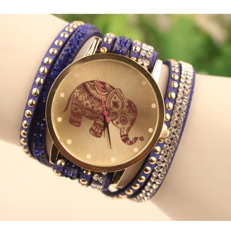 Модные часы-браслет, подарок, женские роскошные Брендовые Часы, часы со слоном, женские круглые бриллиантовые ювелирные изделия, кварцевые наручные часы - Цвет: Blue