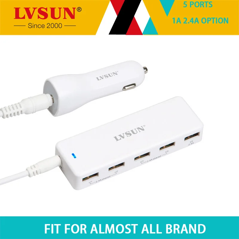LVSUN 5V 2.4A Универсальный 5 Порт портативный USB Автомобильное зарядное устройство