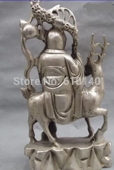 

13 China white Copper silver lucky god of longevity ride deer with boy figurine