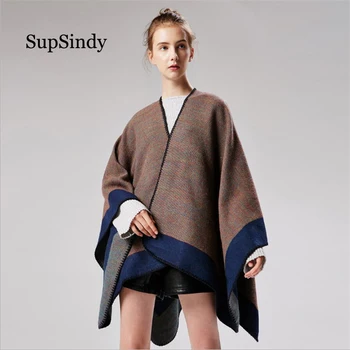 

SupSindy women's poncho Winter scarf Blue Colorful stripes shawl wrap luxury pashmina warm scarves for women cloak vintage stole