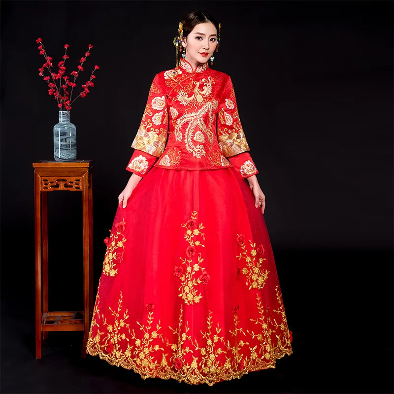 Невесты свадебное платье Традиционный китайский стиль костюм Феникс Ципао вышивка костюмы роскошные древний Королевский красный Qipao