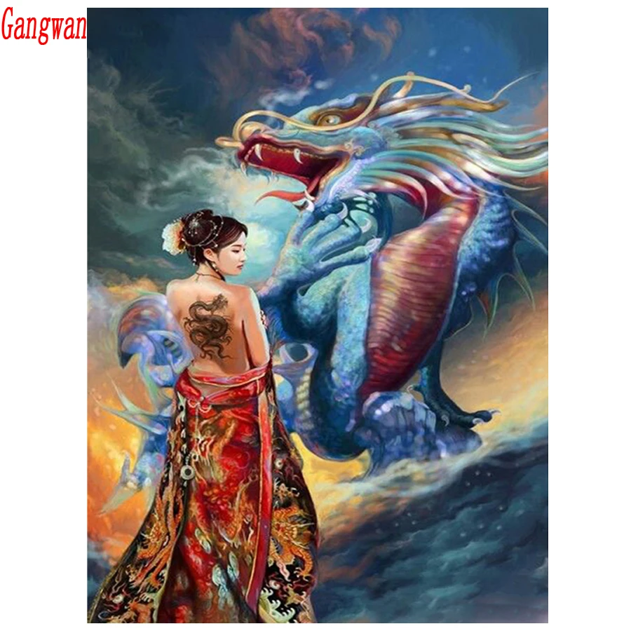 5D DIY Алмазная картина полностью квадратная круглая дрель Дракон Девушка