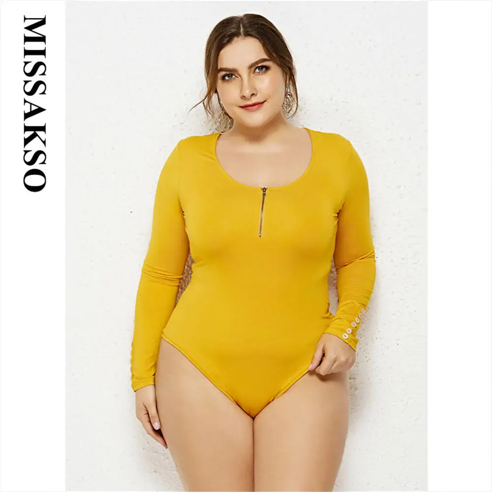 

Missakso Yellow Female Black White Bodysuit O Neck With Zippers Autumn Spring Sheath Bodycon Solid Plus Rompers Long Sleeve