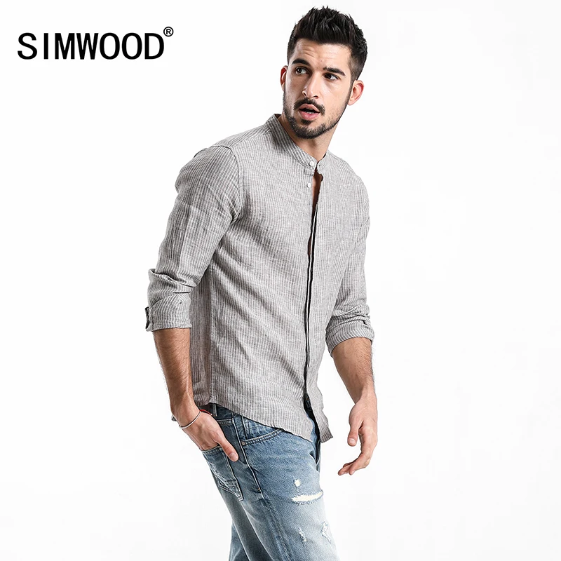 En Ligne SIMWOOD 2019 printemps Été 100% Lin Rayé Chemises Hommes Slim Fit Cool respirant Slim Fit Mandarin Col Chemise Décontractée CC017034