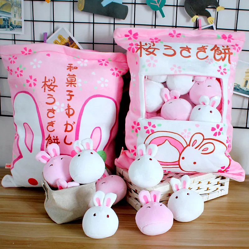 

kawaii 1bag pink Pudding soft Plush baby Toys Stuffed Animals With 8pcs Small bunny rabbit Toy Kids friends Christmas Gift