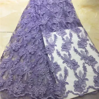 

Latest African Tull Lace Fabrics High Quality 2019 purple Nigerian Net Lace Fabric with beads for Women Dress 5 yards