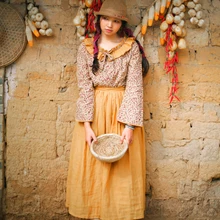 Primavera otoño mujeres Floral algodón Lino vestido largo Vintage Rural estilo largo de dos piezas Cenicienta vestido coreano elbise vadim