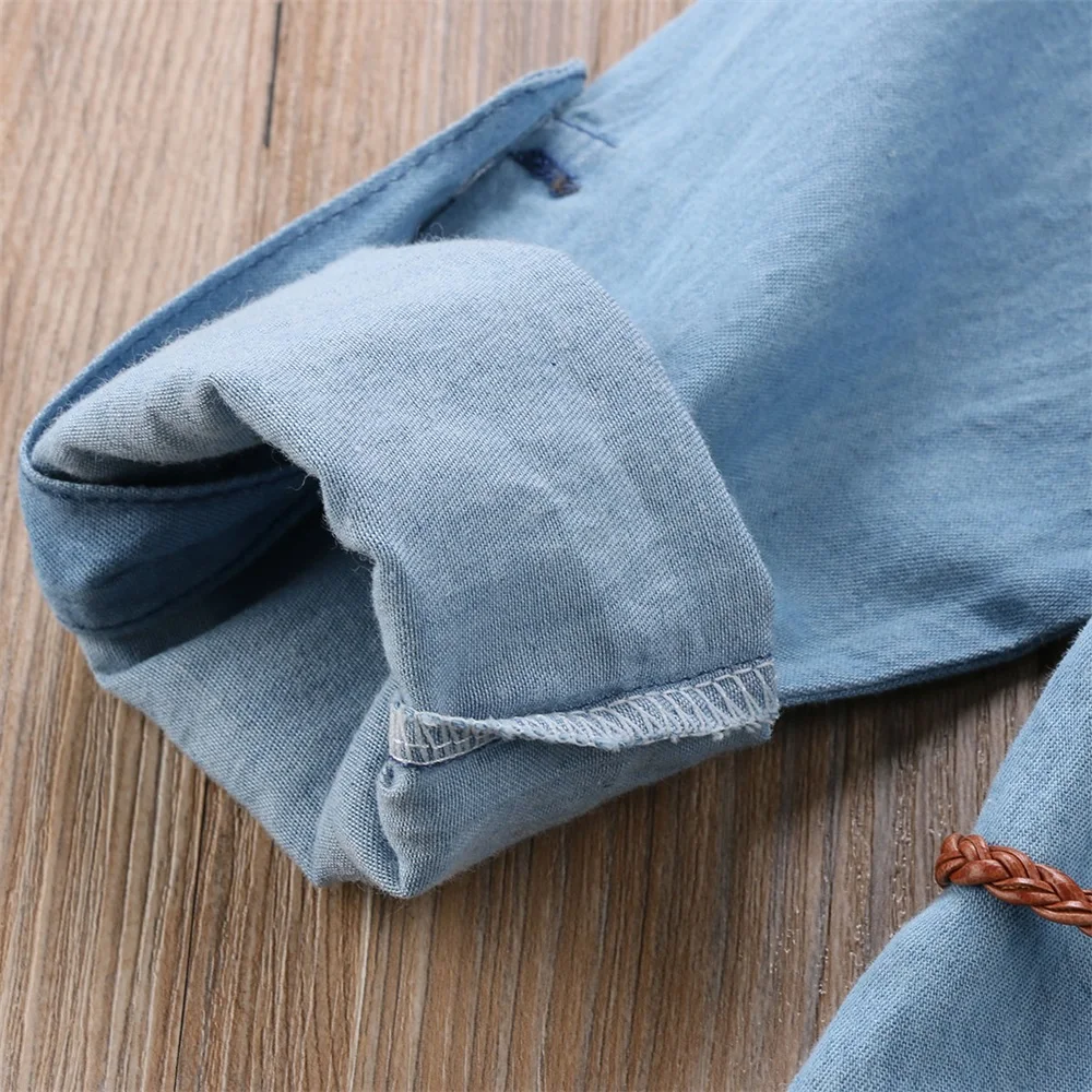 Г. Повседневные милые детские джинсы для девочек Джинсовая футболка с длинными рукавами и карманами Свободная рубашка мини-платье+ ремень, 2 предмета, размер От 3 до 7 лет