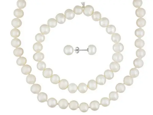 

Free shipping 8-9mm White Pearl Sterling Silver 18 Necklace 7.5 Bracelet Earring Set