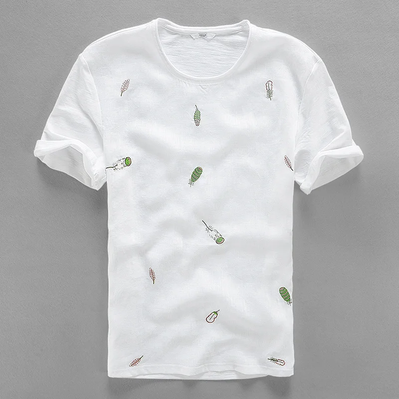 2017 Čínský trendový list výšivka prádlo pánské tričko kulatý krk tričko muži bavlna příležitostné krátký rukáv letní muži tričko camisa