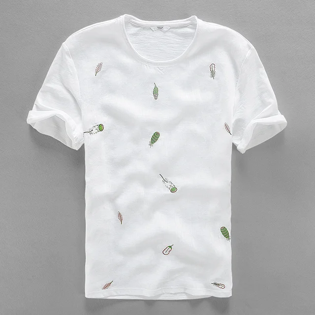 2017 Chinese trend leaf embroidery linen men t-shirt round neck t shirt men cotton casual short sleeve summer men tshirt camisa