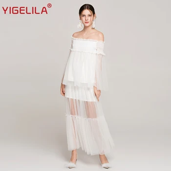 

YIGELILA Women White Lace 2 Pieces Sets Fashion Slash Neck Flare Sleeve Empire Slim Floor Length Skirt Sets For Party 78065649