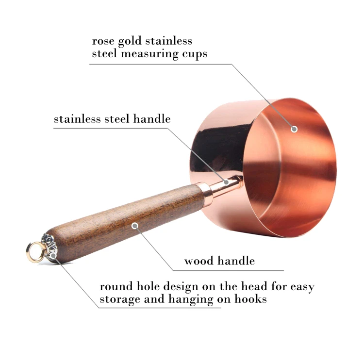 LMETJMA 4 шт./компл. Нержавеющая сталь мерные чашки с деревянной ручкой из розового золота мерные чашки набор для выпечки сахар Кофе KC0059
