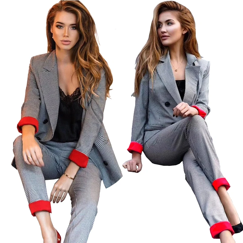 

2019 Women Plaid Double Breasted Blazer Two Piece Sets Top and Pants Suits Contrast Color Notched Collar Office Sets Korean Suit
