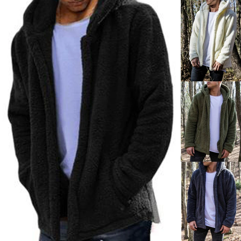 Зимняя теплая меховая куртка, Мужская куртка из искусственного меха, свитер, мода, повседневная куртка на молнии из плотного меха, флисовая куртка с капюшоном