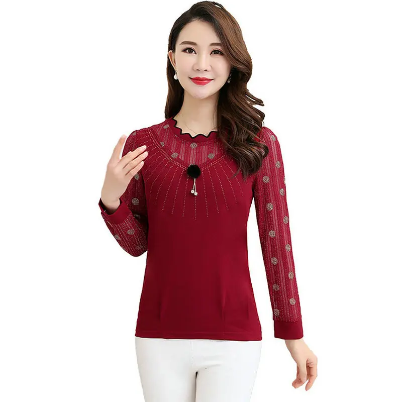 

Spring Women Sequined Blouses Red Black Caramel Tops Female Long Sleeve Round Collar Shirt Woman Mesh Patchwork Top 4XL 3XL 2XL