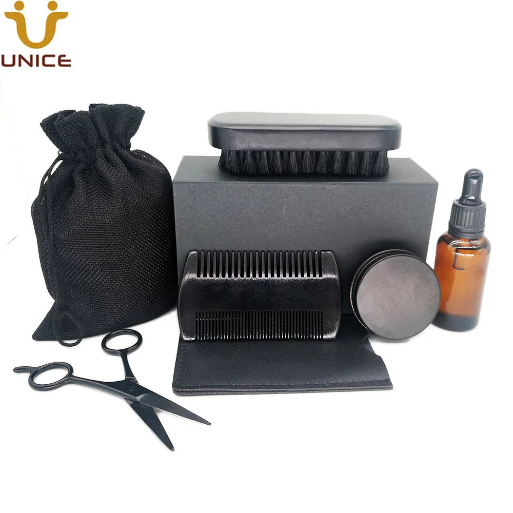 

MOQ 100pcs Custom Your Label 7 in 1 Black Beard Care Kits Wood Hair Combs Beard Brush Beard Oil Balm Scissors in Gift Box & Bag