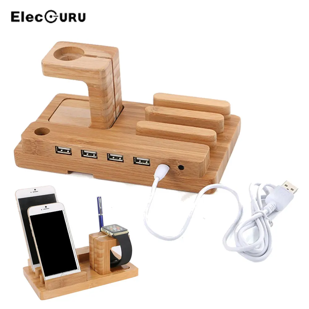 

4 USB Port Charging Dock Charger For Apple Watch/iPhone /iPad/iWatch Smart Phone Watch Wood Holder Stand With Charger Cable