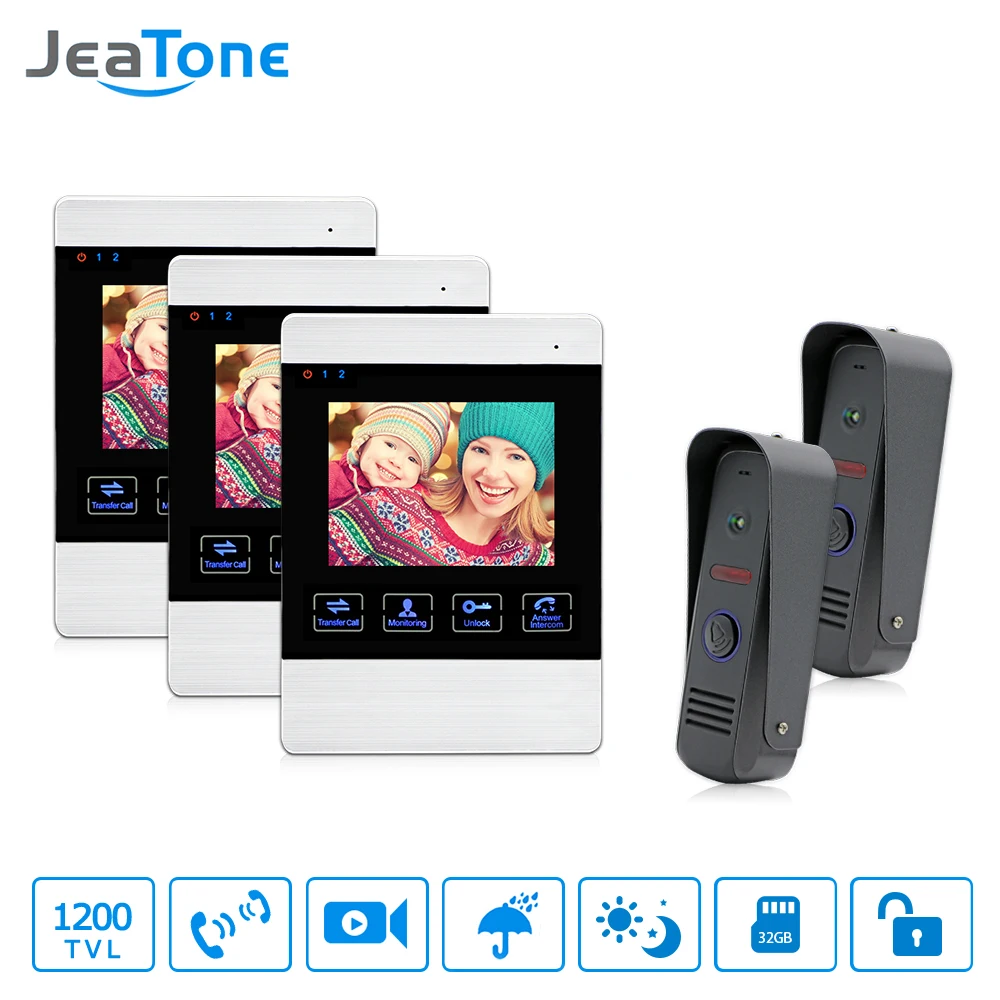 

JeaTone 1200TVL Video Door Bell 2 Outdoor Camera 3 Indoor Monitor Unlocking Electronic Door Video Intercom System Home Security