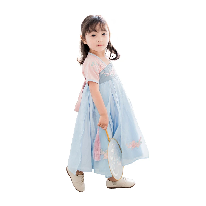 Robe longue brodée de fleurs pour petites filles | Tenue d'été simple, tang hanfu, costume de folk traditionnel, pour enfants de 2-8 ans