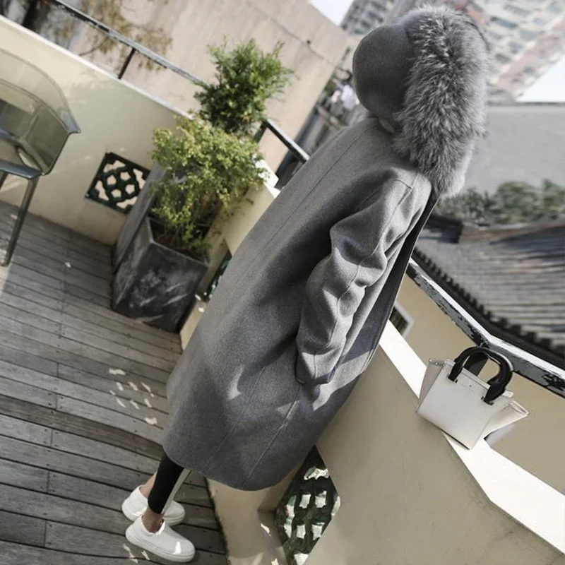 

Plus Size Autumn Winter Women Long Hooded Coat 2018 Fur Collar Woolen Coat Dark Grey Female Coat Elegant Loose Overcoat Coat