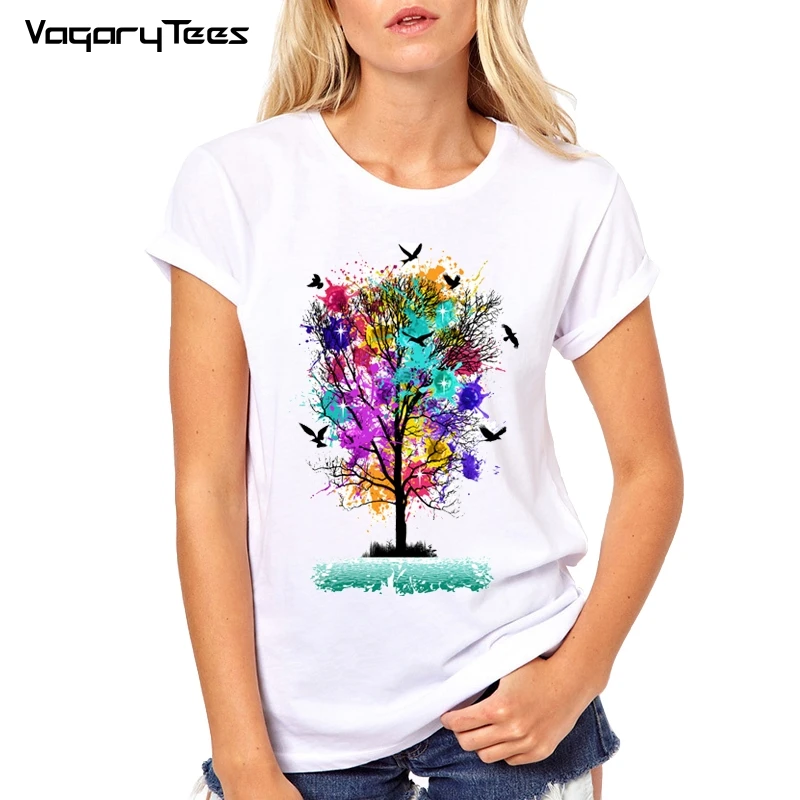 

Colorful hand-painted tree Women T Shirts Art design Printed T-Shirt Short Sleeve O-Neck Novelty Casual Tops