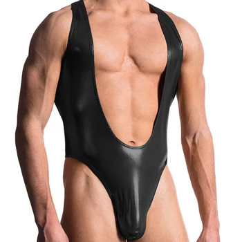 

Sexy Mens Wrestling Black Singlet One-piece Elastic Wet Look Faux Leather Male Bodysuit Erotic Lingerie Costume Night Club