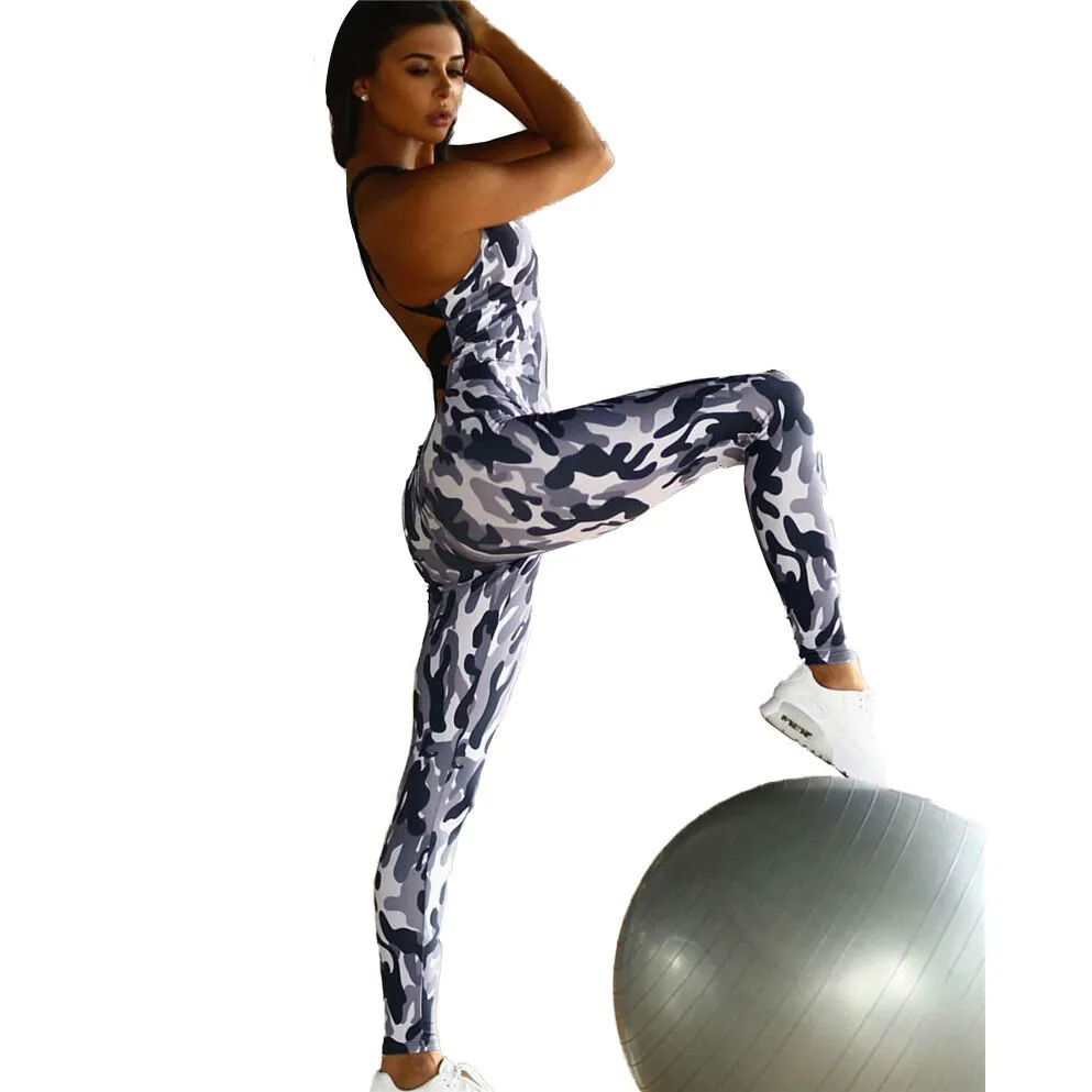 Fitness Jumpsuit Women Military Camo Open Back Strap Back Female