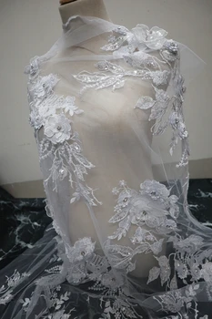 

5 yards white 3D flowers sequins and beads lace fabric, 3D beaded mesh embroidered lace fabric with 3D florals