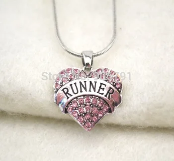 

fashion 50pcs a lot rhodium plated RUNNER with pink crystal heart pendant necklace