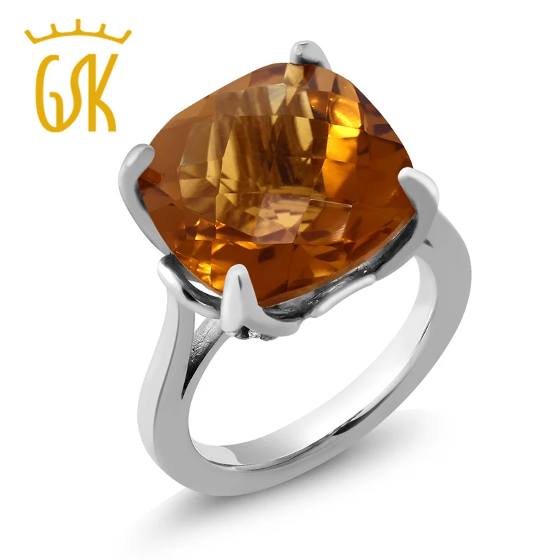 

GemStoneKing 8.47 Ct Cushion Checkerboard Whiskey Quartz Yellow Sapphire 925 Sterling Silver Big Gemstone Ring