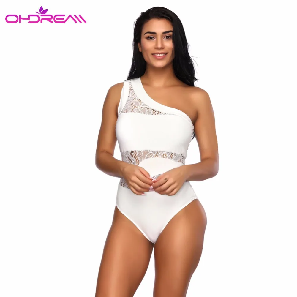 

OHDREAM One Piece Swimsuit Women Sexy Lace Thong Swimwear One Shoulder Swimwear Mesh Tankini Push Up Swimsuit Beachwear Bath -E