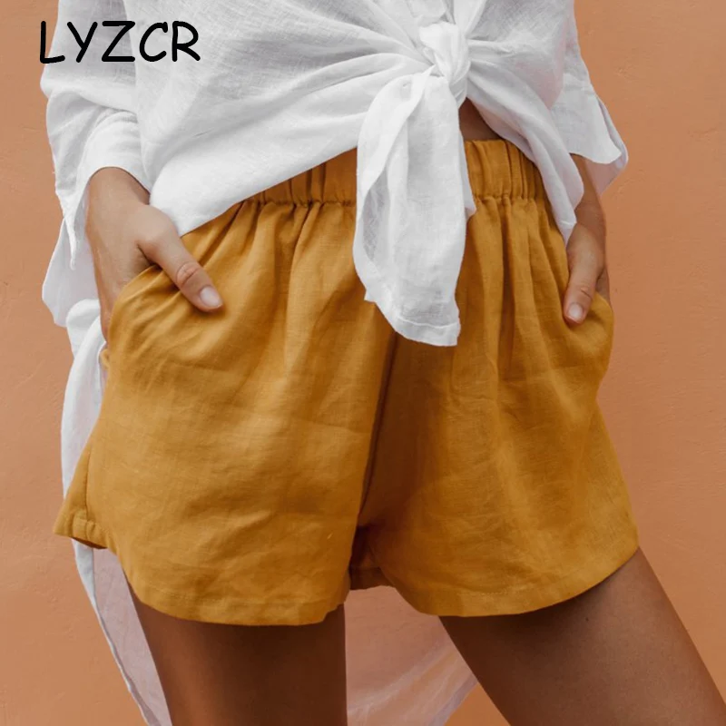 

LYZCR Women's Cotton Line Shorts Summer Loose Casual High Waisted Shorts For Women Elastic Waist Yellow Shorts Women Solid