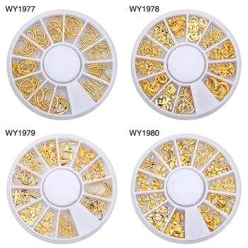 

3D Hollow Nail Art Decoration Metal Mixed Shapes Golden Nail Art Tools Accessories Supplies in Wheel for Manicure Nailart Design