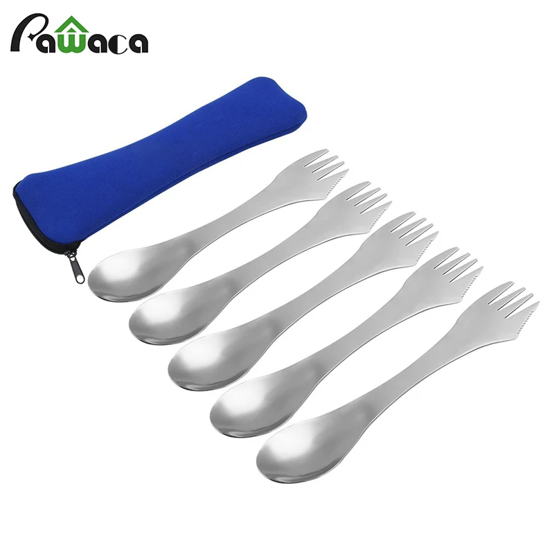 5pcs/set Multi Function 3 in 1 Stainless Steel Spork Knife Fork Spoon