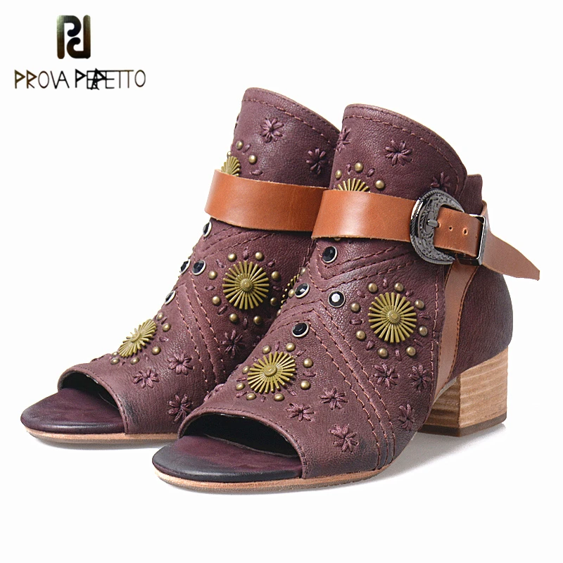 

Prova Perfetto 2018 Summer Peep Toe Rome Style Sandals Thick Bottom Square Heels High Heel Real Leather Rivet Mixed colors Shoes