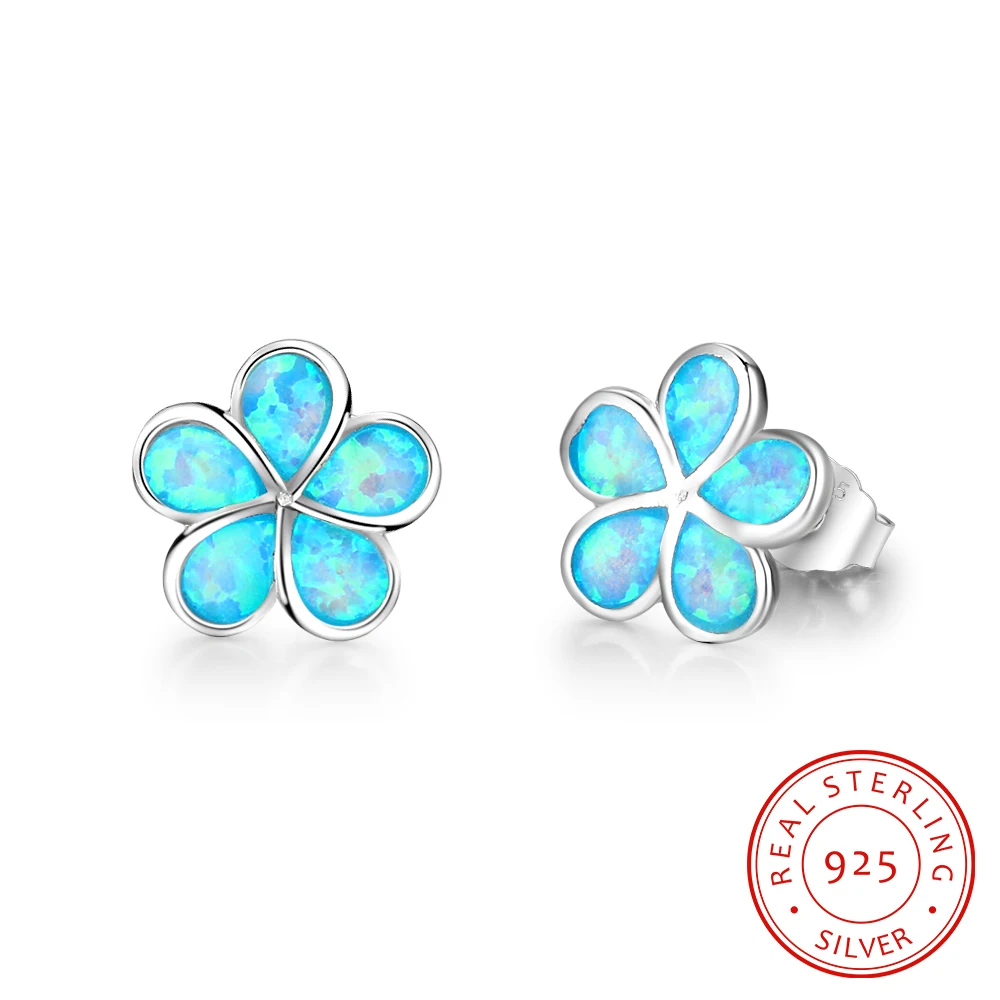 

Flower Synthetic Blue Fire Opal 925 Sterling Silver Women Fashion Ear Stud Earrings