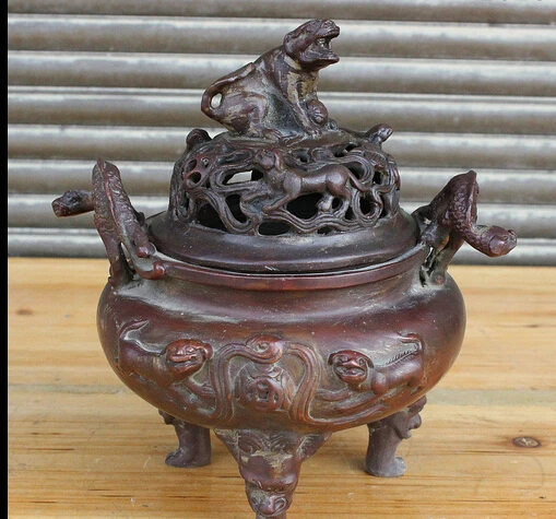 

007944 7" Chinese Buddhism Bronze Lion Dragon Kylin Beast Statue Incense Burner Censer