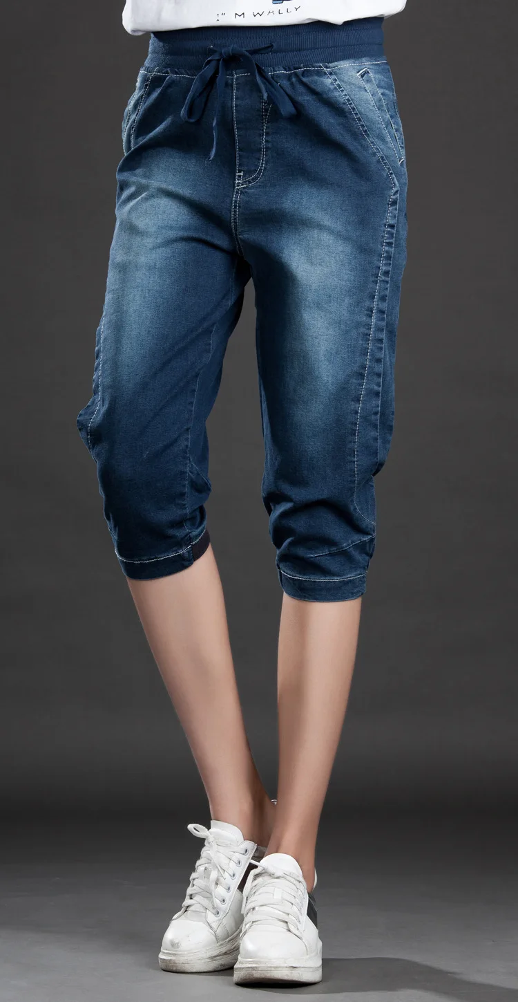 С эластичной резинкой на талии хлопковые прямые джинсовые штаны женские туфли синего цвета модные Рваные джинсы женская обувь, Большие