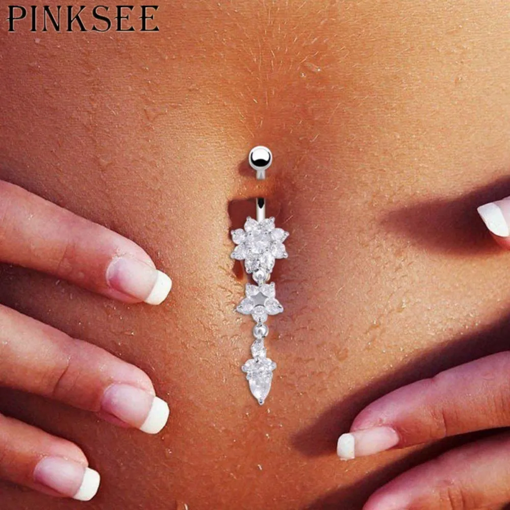

New Medical Steel Crystal Rhinestone Flower Belly Button Ring Dangle Navel Women Body Piercings Jewelry