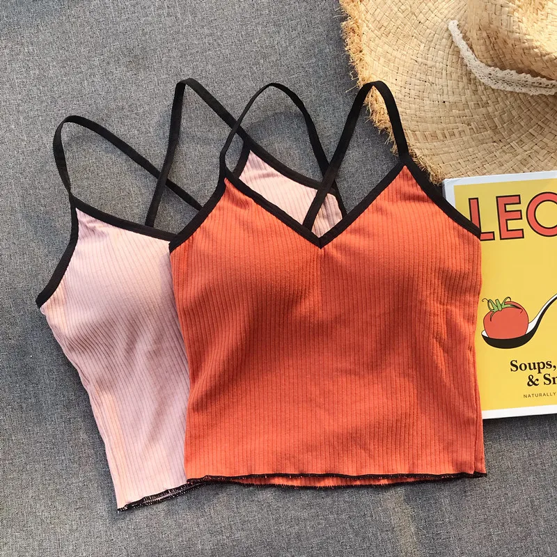 Girls Crossed Straps Short Camis Tops With Seperated Bra Women Padding Tanks Crop Tops For Female