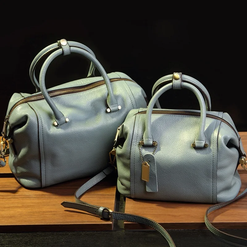 

European Women Litchi Split Leather Boston Bag Ladies Fashion Handbag Tote Sling Shoulder Bags Designer Female Messenger Bag