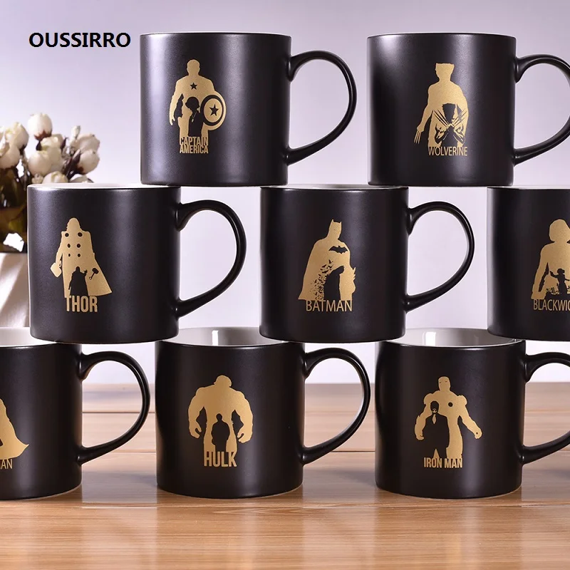 

Super Hero Ceranic Mugs Cup Creative With Spoon and Cover Milk Mug Travel Cup Portable Tumbler Drink Iron man and batman
