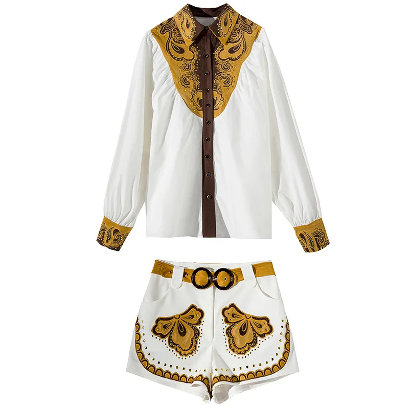 

2019 spring and summer women's national wind lapel rivet embroidery shirt + shorts with belt two-piece suit