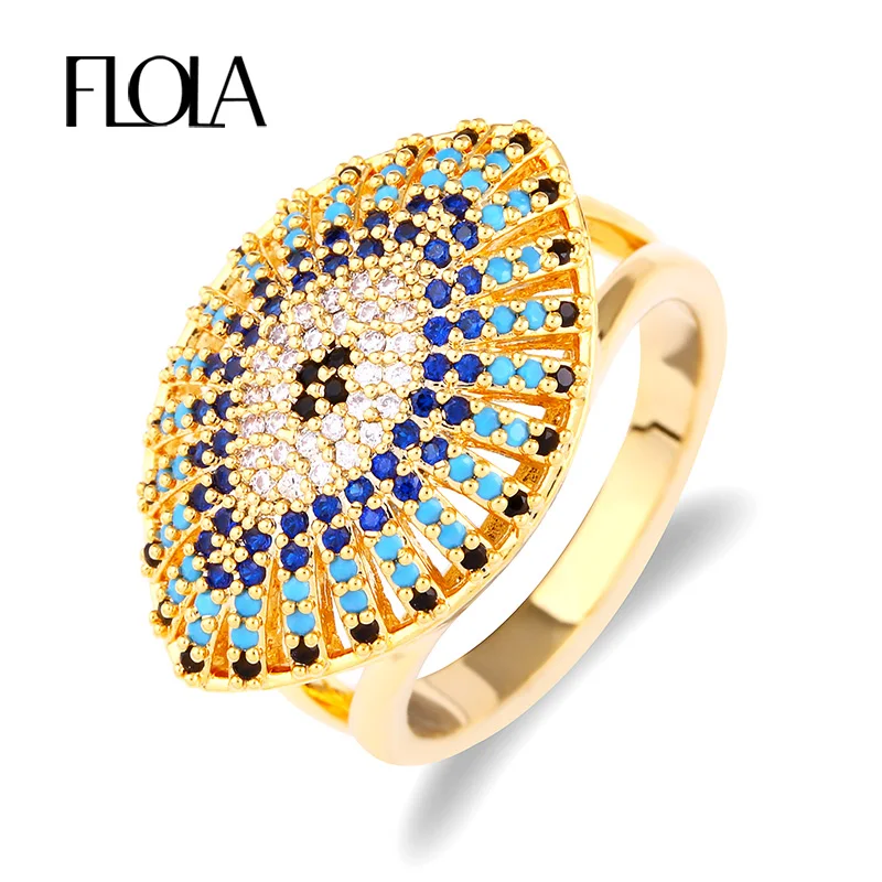 

FLOLA 2019 Turkish Gold Evil Eye Ring for Woman Cubic Zirconia Rings with Stones Ethnic Dubai Gold Jewelry Anel anillo rige72