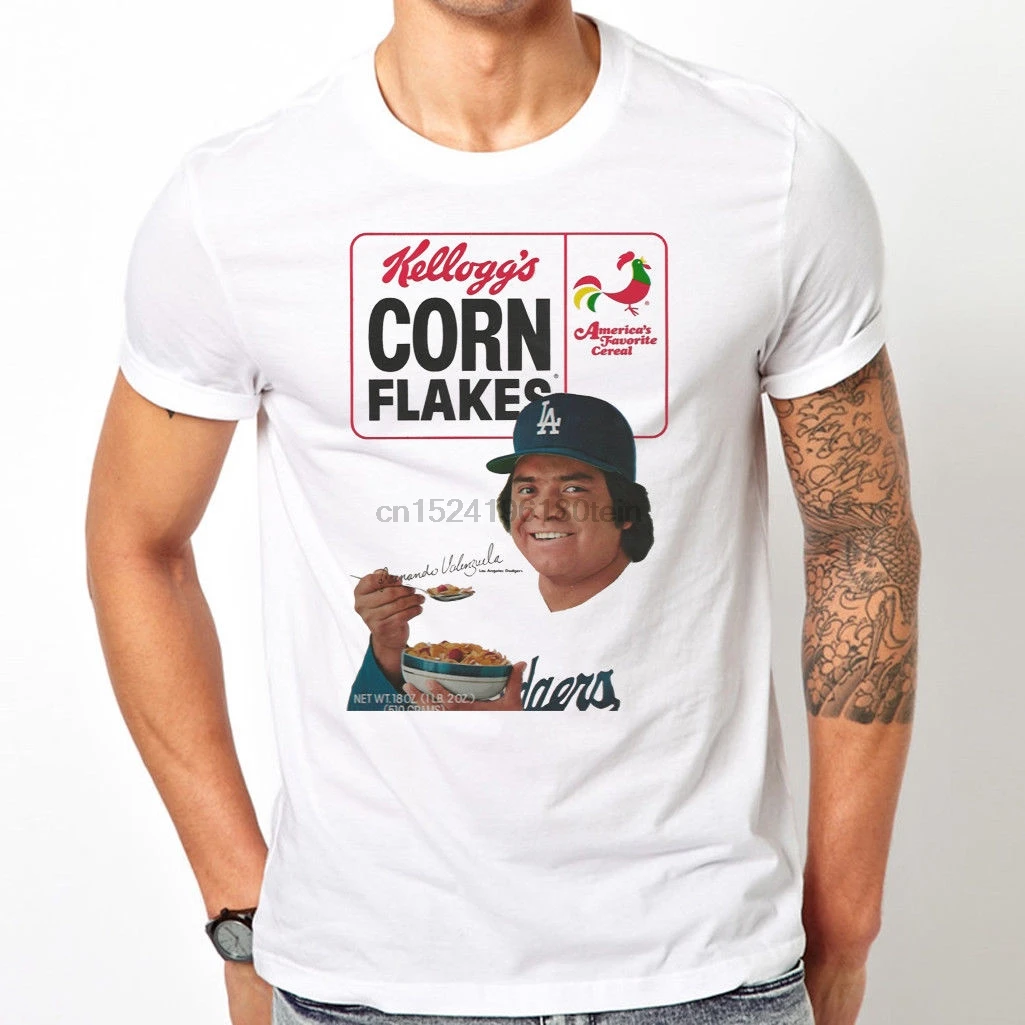 Новые мужские Fernando Valenzuela Dodgers зерновые коробки Kelloggs графическая рубашка 1988 |