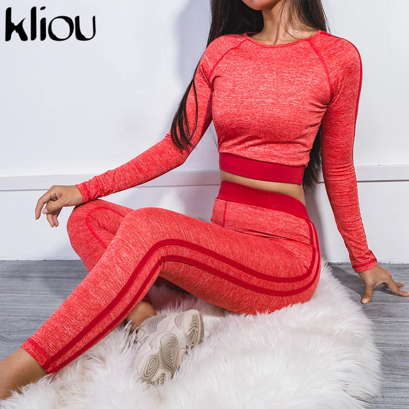 

Kliou Long Sleeve Sexy Crop Tops Leggings 2 Pieces Sets 2018 Autumn Women Sportswear Patchwork T shirt Pants Suit Female Sets