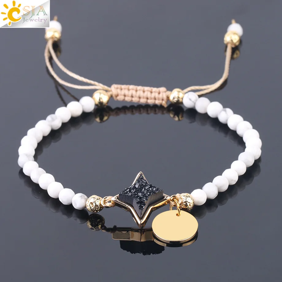 

CSJA 4mm Small Beads Bracelet White Howlite Braided Bracelets Natural Druzy Quartz Weave Rope String Chic Bangles for Women F744